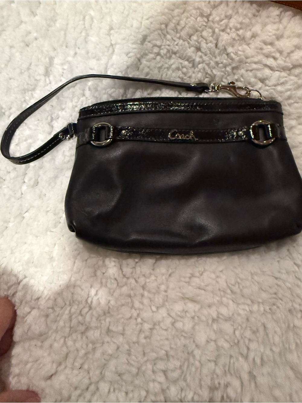 Coach Black Leather Wristlet with Gold Script Logo